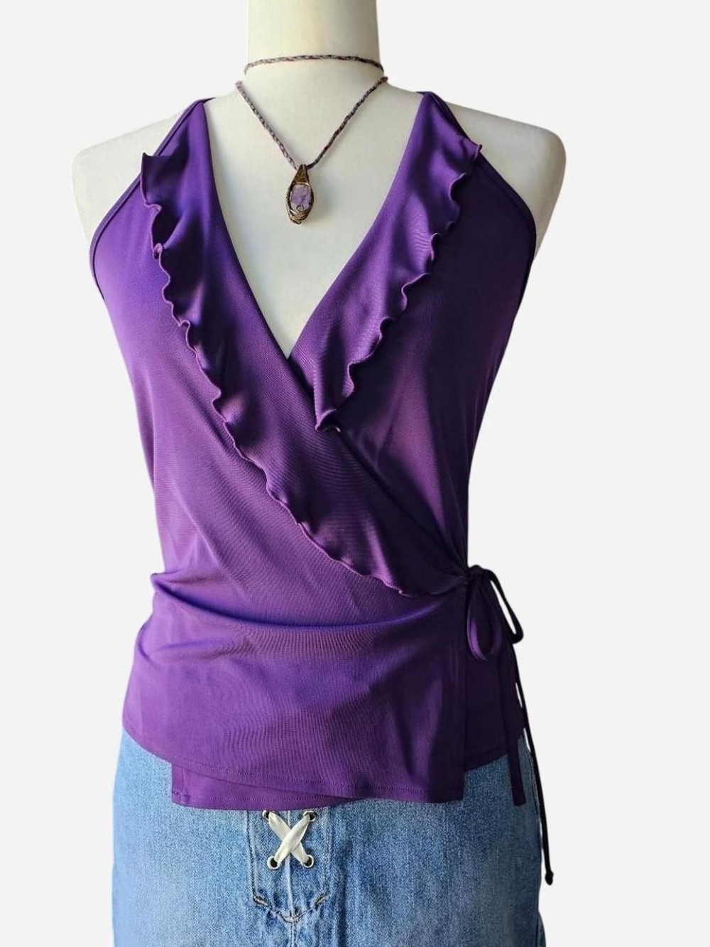 Y2k Express Purple Ruffle Wrap Halter Camisole Medium